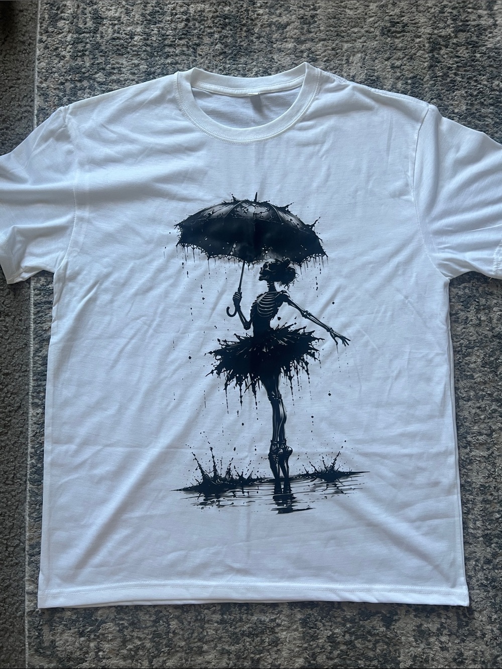 White T-Shirt with Black Ballerina Skeleton Graphic